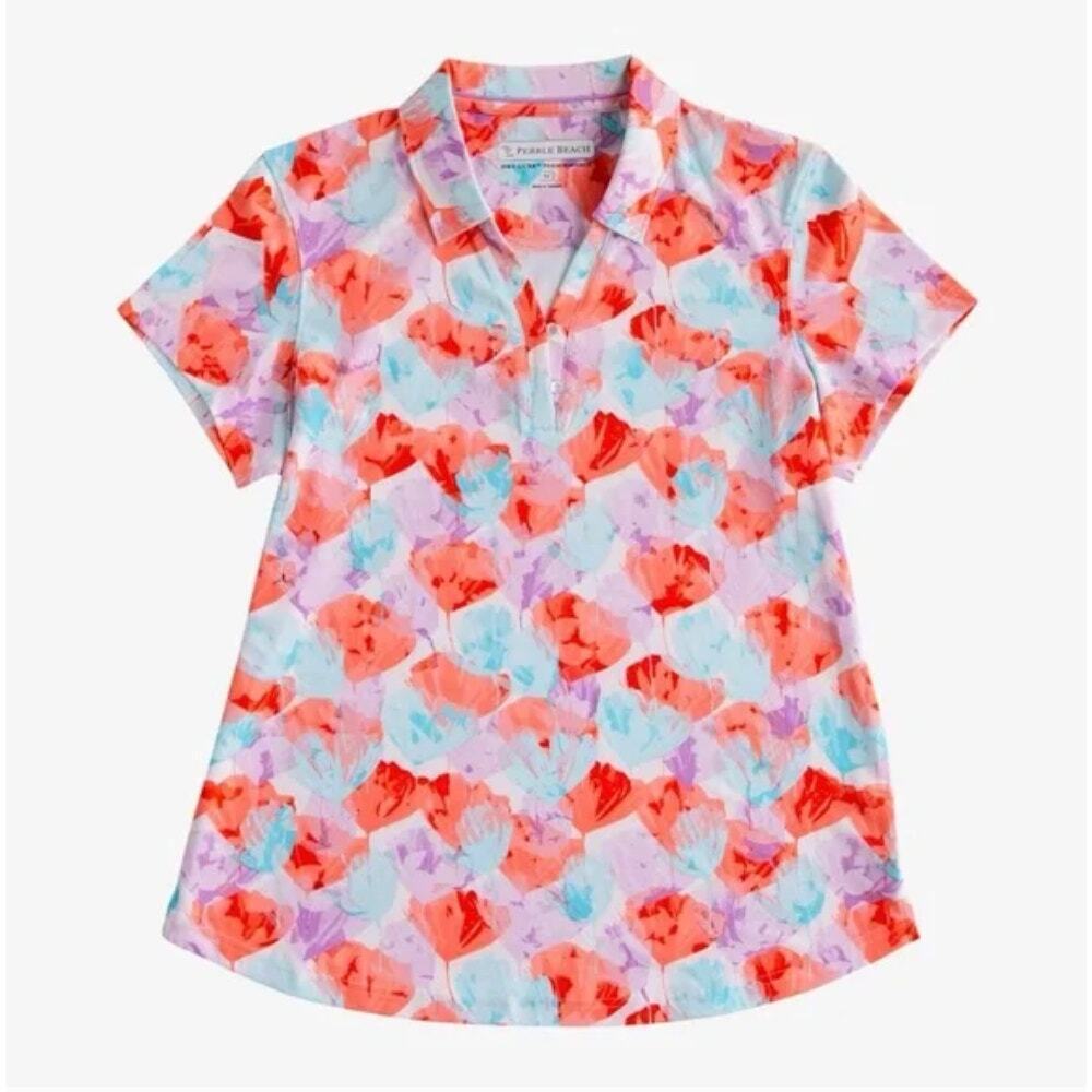 Pebble Beach Pink Firelight Floral Dry Luxe Polo Golf Shirt Size M Pickeball